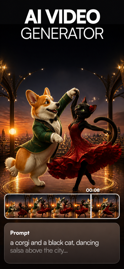 Vid Gen AI prompt-to-video App Store preview with a dancing corgi and cat