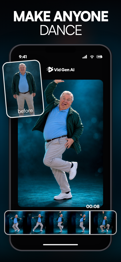 Vid Gen AI App Store preview showing a photo transformed into a dance video