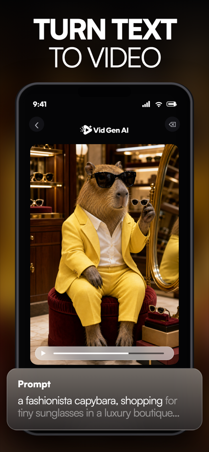 Vid Gen AI text-to-video App Store preview with a stylish capybara
